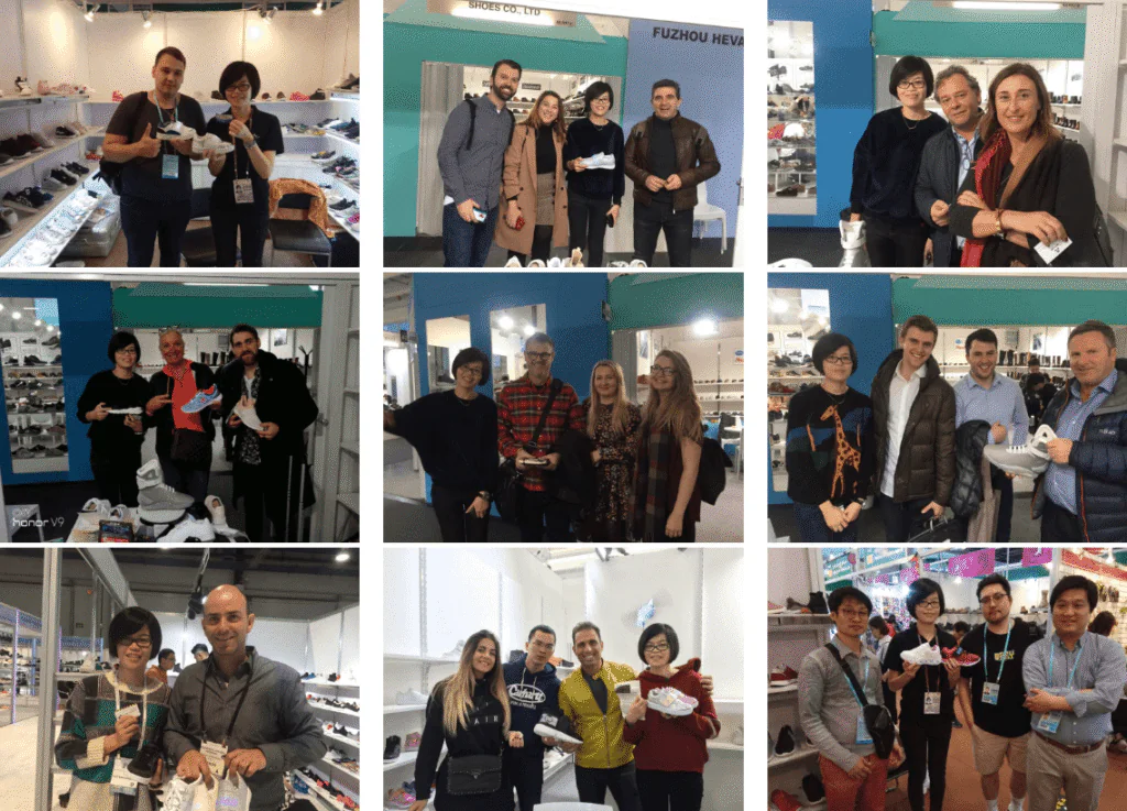 Display of various custom shoe samples - casual, sports, and running shoes