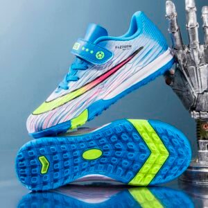 Rear view of indoor kids soccer shoes with non-marking sole design