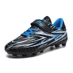 Kid wearing non-slip AG soccer cleats on hard artificial grass field