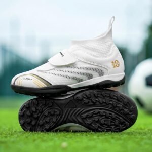 Kids high top ankle support soccer cleats side view with non-slip AG outsole for turf