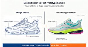 Design sketch compared to first physical prototype sample for visual validation and fit testing