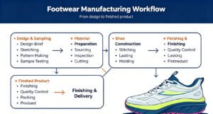 Complete shoe manufacturing process flow from design concept to finished custom athletic footwear