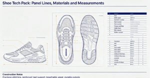 Example of a comprehensive shoe tech pack with panel callouts and material specifications