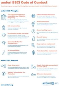 Infographic summarizing the 11 BSCI principles for social responsibility