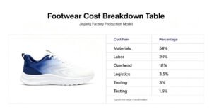 Complete breakdown of total shoe order cost components including MOQ, mold fees, testing, and logistics