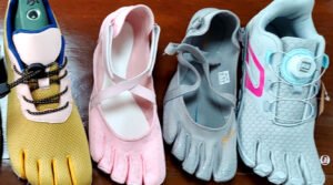 Private label five toe dance shoes on a footwear factory production line