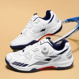 Unisex pickleball shoes in white and blue, non-slip sole for indoor court sports